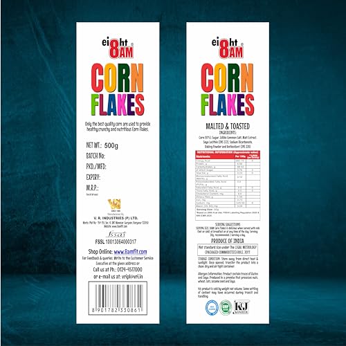 Image of 8AM Corn Flakes 500 Gram, 97% Corn, 99% Fat Free, No Cholesterol, Trans Fat, Artificial Additives, Vitamins B1, B2, B3, B6, B9, Iron, Calcium, Crunchy & Nutritious Cereal