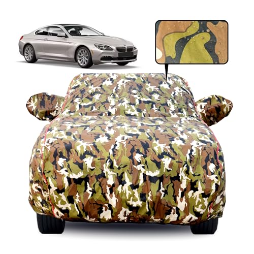 Image of Waterproof Car Body Cover for BMW 6 Series GT with Mirror Pocket, Soft Cotton Lining, Triple Stitched, Full Bottom Elastic (Heat Resistant Jungle Print with Red Piping)