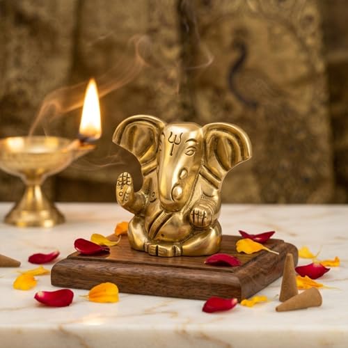 Image of Ekhasa 100% Pure Brass Ganesha Idol (Size: 4 cm) | Pital Ganesh Murti for Pooja Room, Home Decor, Office Desk and Car Dashboard | Vinayagar Statue for Diwali Puja