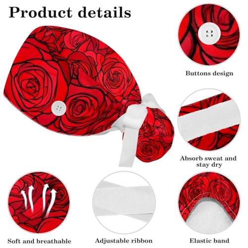 Image of Red Blooming Rose Flowers Black Working Cap with Scrunchy and Ribbon Tie for Women, Long Hair