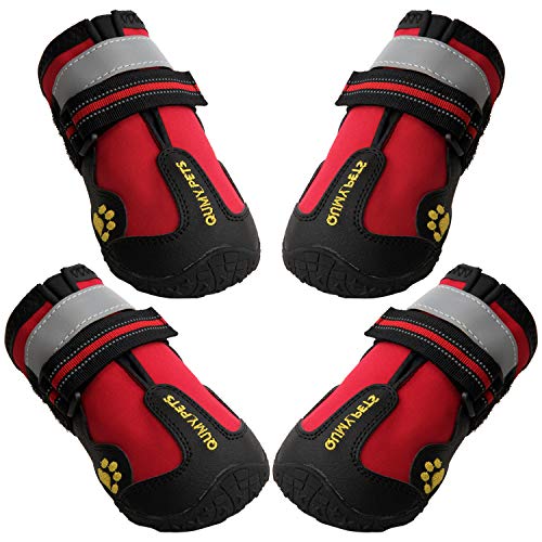 QUMY Dog Boots Waterproof Shoes for Dogs with Reflective Strips Rugged Anti-Slip Sole 4PCS/Set (Red, Size 2: 1.8''x2.4''(WL))