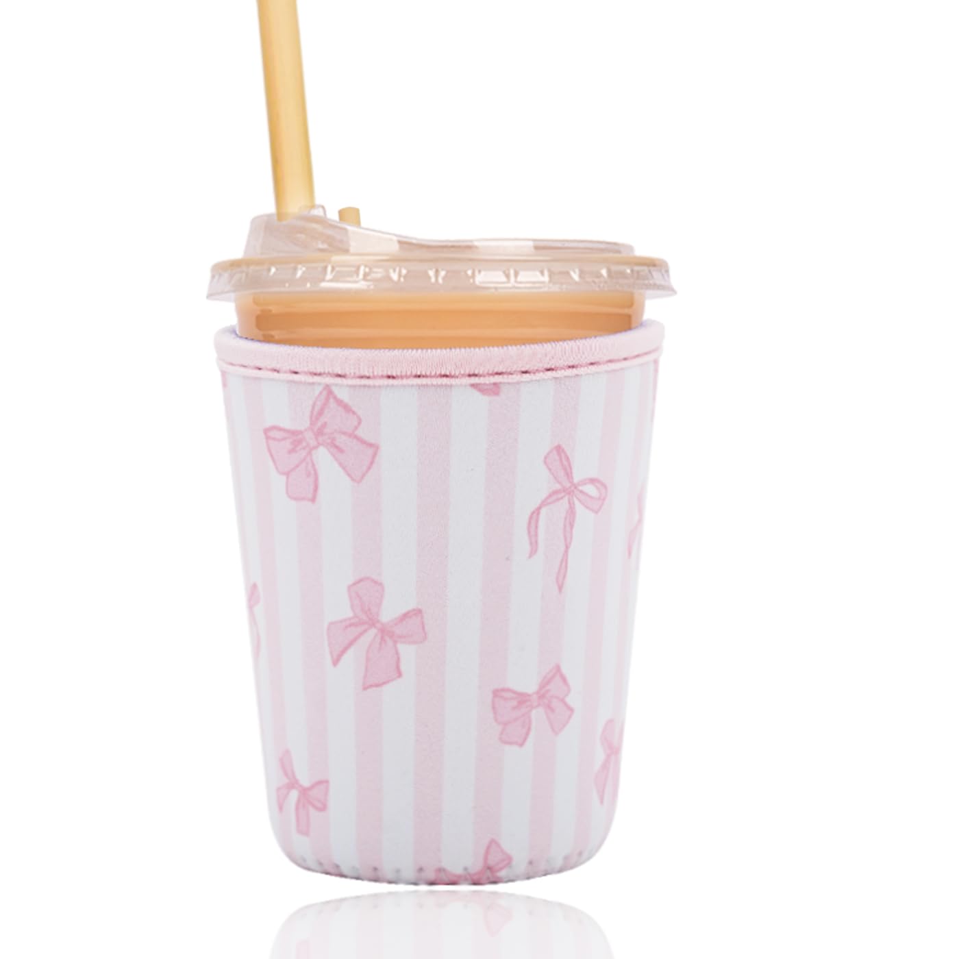 Reusable Insulated Sleeve for Iced Coffee Cup, Coffee Neoprene Sleeve for Cold &amp; Hot Drinks, Beverage Holder for Iced Coffee (Pink Stripe Bows, Small: 16-18oz)