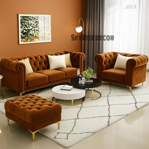 Image of Modern Classic 5 Seater Sofa Set Couch Fabric & Valvet Tufted 3+1+1Footrest Chesterfield Sofa Living Room and Office (3+1+1Footrest Teraquata) | Premium Material