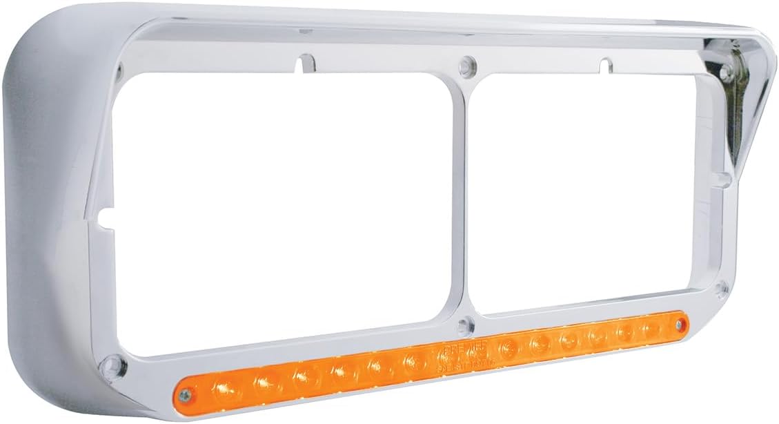 United Pacific 32351P2 Chrome Rectangular 14 LED Dual Headlight Bezel w/Visor, Chrome Plated, Injection Molded Plastic, LED Light Bar Pre-Installed – Amber LED/Amber Lens – 2 Pack