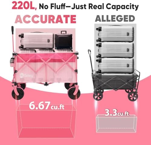 Sekey 220L Collapsible Foldable Wagon with 330lbs Weight Capacity, Heavy Duty Folding Utility Garden Cart with Big All-Terrain Beach Wheels & Drink Holders.Barbie Pink