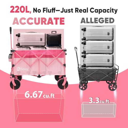 Sekey 220L Collapsible Foldable Wagon with 330lbs Weight Capacity, Heavy Duty Folding Utility Garden Cart with Big All-Terrain Beach Wheels & Drink Holders.Barbie Pink