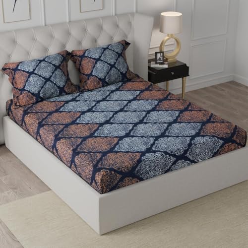 Image of Cloth Fusion Glace Cotton Elastic Fitted Bedsheet Queen Size for Double Bed with 2 Pillow Covers (78X60 inches, Midnight Paisley)