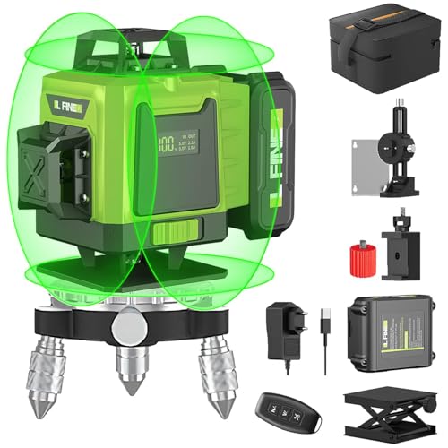 Niveau Laser, 4D 16 Lignes Niveau Laser autonivelant, 4 X 360°Niveau Laser Vert Horizontal et Verticale, support rotatif, télécommande, base magnétique avec 2 × Batteries 4800mAh