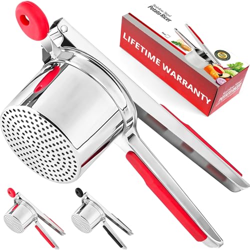WIHBOIR Large 15 oz Stainless Steel Potato Ricer with Silicone Grip - Heavy Duty Masher for Smooth Mashed Potatoes, Purees, Red