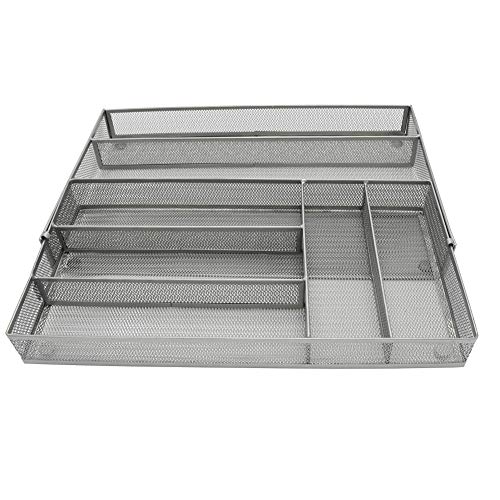 Expandable Mesh Metal Cutlery Tray, 6 Compartments Kitchen Drawer Organizer For Utensil Flatware Dividers Cutlery (Silver, 6 Compartments) #TOP1