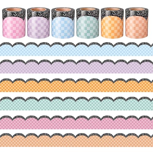 Fuutreo 6 Roll 197 ft Pastel Checkered Bulletin Board Borders Composition Scalloped Edge Trim Classroom Border Roll Decoration for Back to School Chalkboard Office Wall by Fuutreo - Used condition - US$17.14