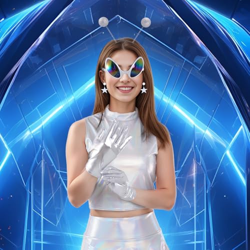 5 Pcs Alien Costume with Antenna Headband Glasses Silver Gloves Earring Face Glitter for Cosplay Space Theme Halloween Costume Party - Thumbnail 6