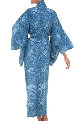 Novica Handmade Cotton Batik Robe Artisan Crafted Long For Women Clothing Blue Scuba Patterned Indonesia Leaf Tree 'Blue Forest' #TOP1