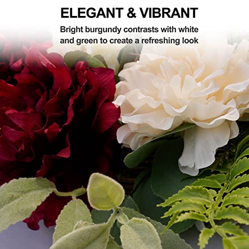 Dseap Wreath - 24" Large Handcrafted Cabbage Rose Faux Floral Wreath, Artificial Flower Wreath, For Front Door Spring Summer - Burgundy/White #TOP2