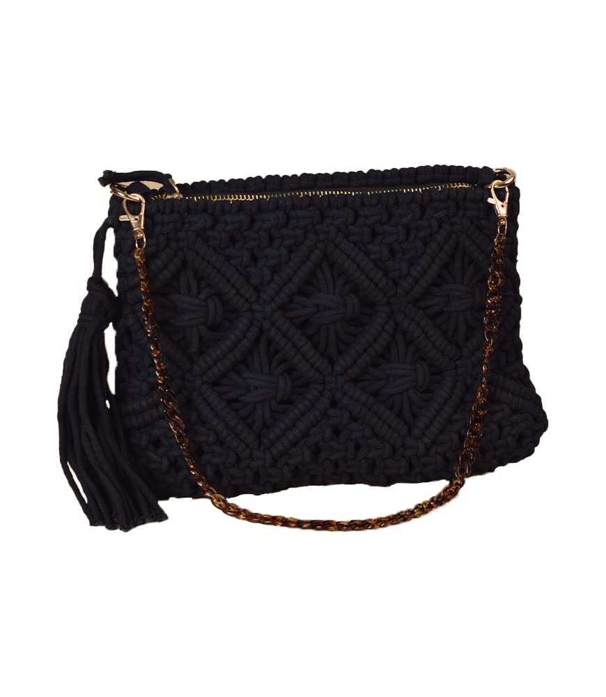 Maatir Black Hand Knotted Macrame Pouch with Shoulder Strap | Women/Girl Handmade Cotton Boho Crochet Beaded | Medium Black Macrame Bag | (B0BR3RGCWK) Amazon Price History, Amazon Price Tracker