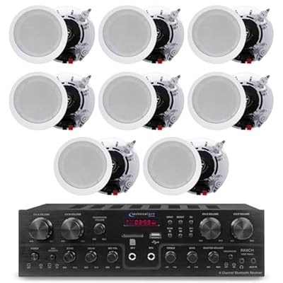 Home Theater System Kit with 1000 Watts 4-Chanel Bluetooth Receiver & 8 Qty 6.5" 200 Watts in-Wall in-Ceiling Speakers of 2-Way Stereo Sound with Woofer/Tweeter, Flush Design by Technical Pro