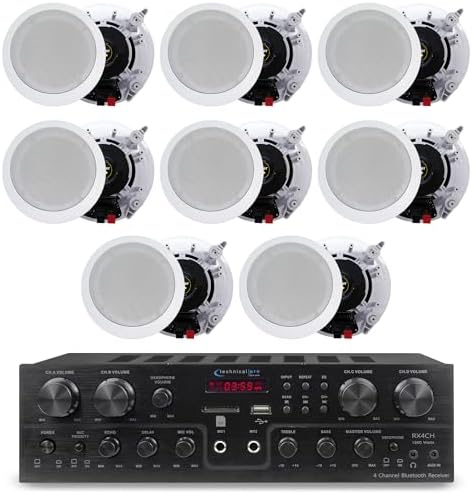 Home Theater Systems - Technical Pro 4 Channel 1600 Watts 8 Speaker Bluetooth Home Theater Receiver System w/ 4 Pairs of 5.25” Ceiling Wall Mount 2-Way Mid Bass Woofer Ceiling Speakers - Home Theater Kit