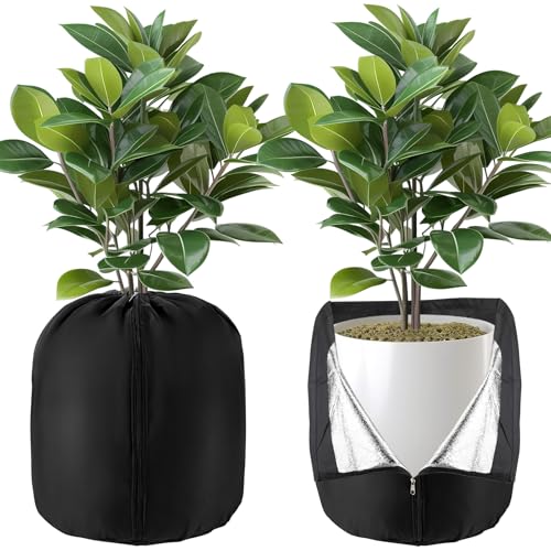 HolyMaji 2 Pcs Plant Pot Covers for Winter Potted Plant Freeze Protection Cover Frost Jacket with Zipper Drawstring to Keep Outdoor Plants Flowers Shrubs Trees Warm (17.7" D x 19.7" H - Black)