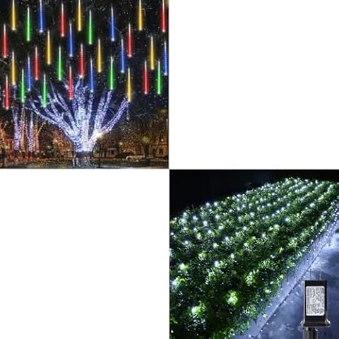 iBaycon 20 Tubes 480 LED Meteor Shower Rain Lights and iBaycon 5ft x 5ft Net Lights Outdoor Mesh Lights Cover