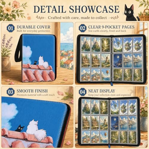 1008 Card Binder 9 Pocket, 3-Ring Trading Card Binder with 56 Page Removable Sleeves, High Storage Waterproof Trading Card Holder Collection Card Album Organizer Case for TCG Cards - Cat - Image 4