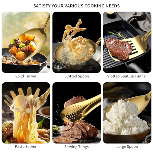 304 Stainlss Steel Matte Kitchen Utensils Set, 12 Pcs Long Metal Cooking Utensil Gadgets Tools Set with Spatula, Ladle, Spoon, Ladle, Skimmer, Tunner, Pasta Server, Tongs(Gold, Dishwasher Safe)