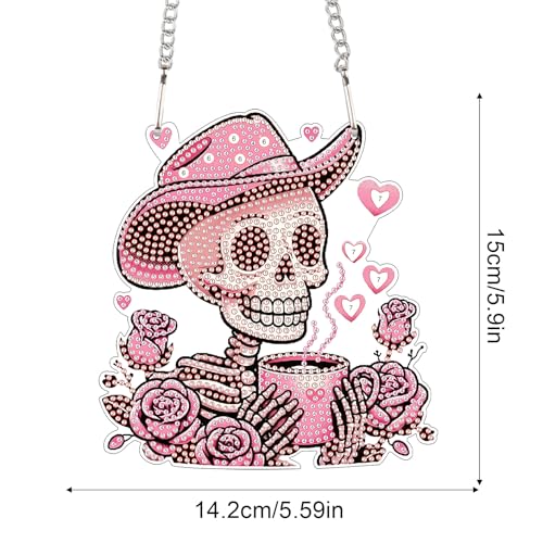 Image of AiYuanzsh DIY 5D Diamond Art Hanging Rose Skull, Pink Skeleton Wall and Door Pendant, Diamond Painting Ornament with Rhinestones for Halloween, Western, Valentine's Day Home Decor