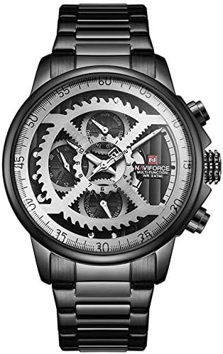 NF9150 - Men's Fashion Analogue Quartz Wrist Watch, Metal Band, Waterproof (Band : Black/Index : Silver/Border : Granite)