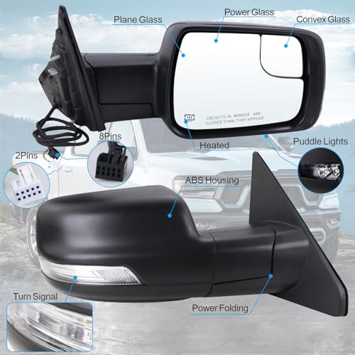 Lqito Right Passenger Side Mirror Compatible With 2019-2026 Ram 1500 With Power Folding Power Glass Heated Turn Signal Puddle Light Matte Black Replace#68276500AH (8+2Pins) by Lqito - Image 2