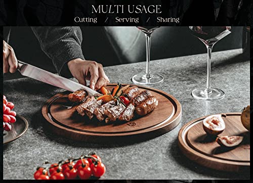 Dofira Large Round Walnut Wood Cutting Board With Juice Groove For Kitchen, Circular Charcuterie Board, Serving Tray, Cheese Board For Double-Sided Use 12.5 X 0.8 Inches (Gift Box Included) #TOP4