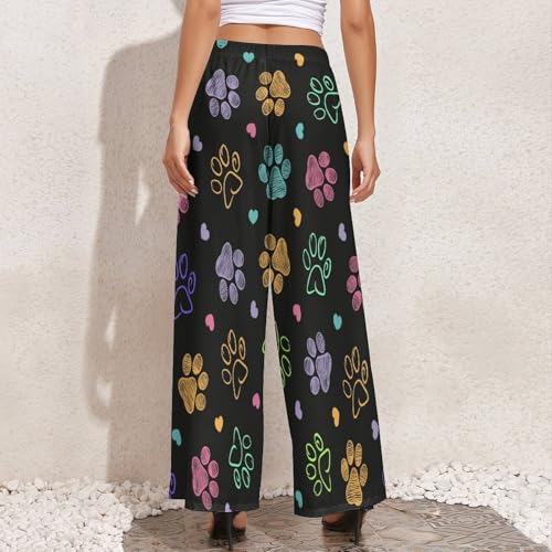 Womens Wide Leg Pants Animal Paw Pattern Casual High Waist Long Palazzo Pants Lounge Beach Trousers4