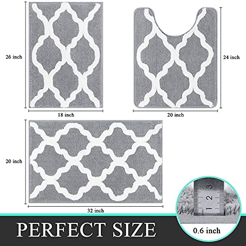 Pauwer Bathroom Rugs Sets 3 Pieces, Non-Slip Microfiber Shaggy Bath Mat, Soft Plush Absorbent Bath Rugs, Perfect Plush Bathroom Mat For Bathroom, Machine Washable (18"X26"+20"X32"+U20 X24,Grey) #TOP1