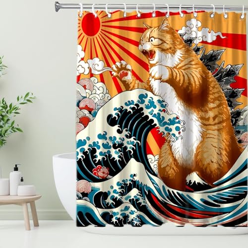 Image of Funny Japanese Cat Small Stall Shower Curtain, Vintage Orange Cat Japan Anime Ocean Wave RV Half Size Narrow Shower Curtain with Hooks, Funky Animal Sun Kids Bathroom Decor 48X72inches