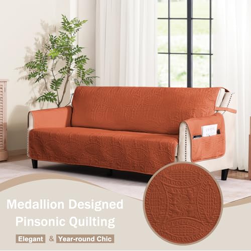 Image of Burnt Orange Sofa Covers with Pockets, Anti-Slip Medallion Couch Covers for 3 Cushion Couch Sofa, Couch Cover for Dogs Water-Repellent Machine Washable (Large Sofa 68 inch, Burnt Orange)