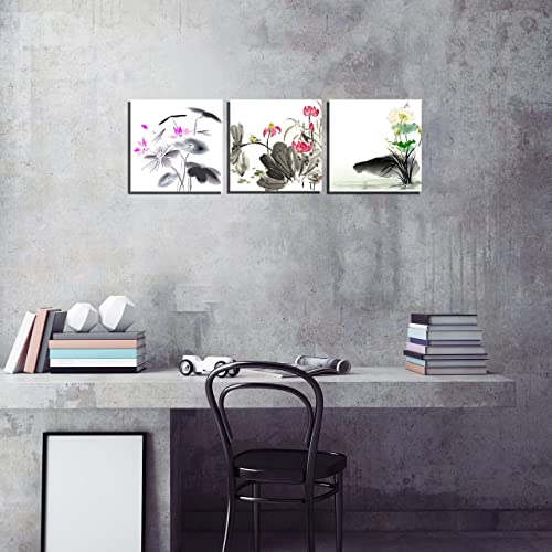 Nan Wind Small Size Traditional Chinese Painting Of Lotus Flowers Decor Canvas Prints 3 Pcs Watercolor Blossom Wall Art 12X12Inches 3Pcs/Set Stretched And Framed Ready To Hang For Home Decor #TOP2