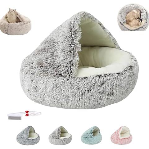 MGSTN Lapcatz Nest Bed, Bed Nest, Cat Bed Round Plush Fluffy Hooded Calming Cat Bed Cave, Winter Cozy Pet Bed for Cats Dogs (Coffee, 11.8in) Cover