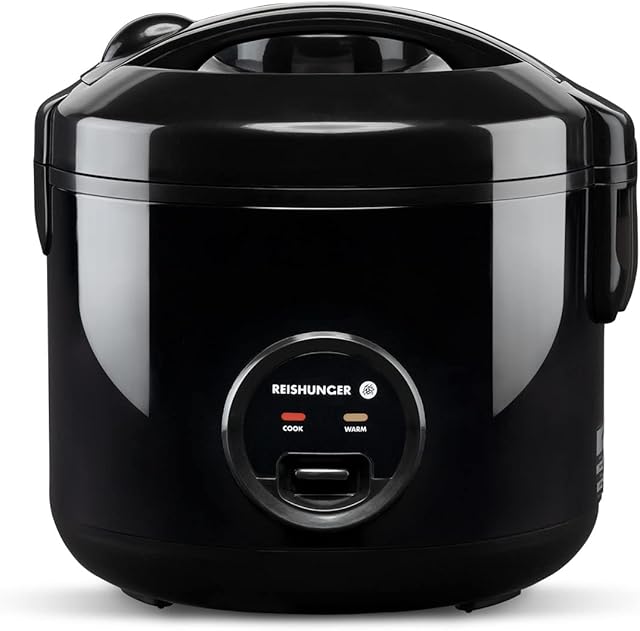 Reishunger Rice Cooker & Steamer with Keep-Warm Function, Black - For 1-6 People - Quick Preparation Without Burning - Non-Stick Coating incl. Steamer Insert