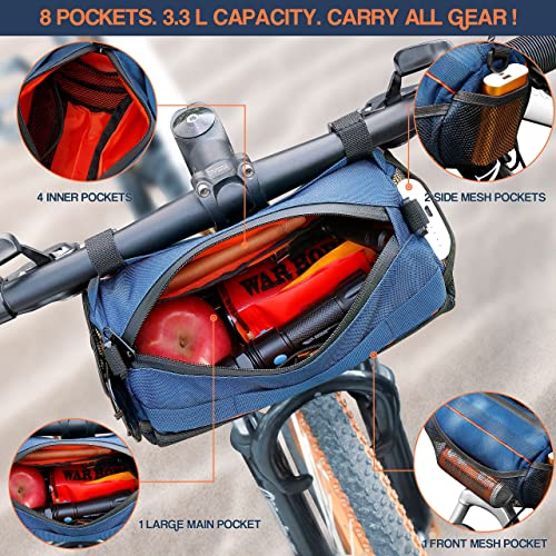 Obova Bike Handlebar Bag 3.3L 8-Pocket Waterproof Handlebar Bags For Bicycles With Rain Cover, Shoulder Strap, Bicycle Handlebar Bag Pouch For Road, Mountain Bikes, Mtb Storage, Blue #TOP4