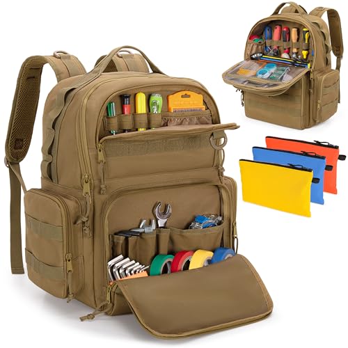 Rexmica Heavy-Duty Tool Bag Backpack for Men with 3 Tool Pouches Khaki