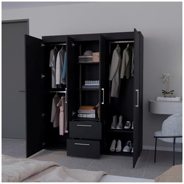 Pemberly Row Modern Armoire, Engineered Wood, Black Finish, 18.6" W x 15.5" D x 15.3" H, Includes Drawers, Clothing Rods, Shelves, Sleek Contemporary Design for Bedroom Storage