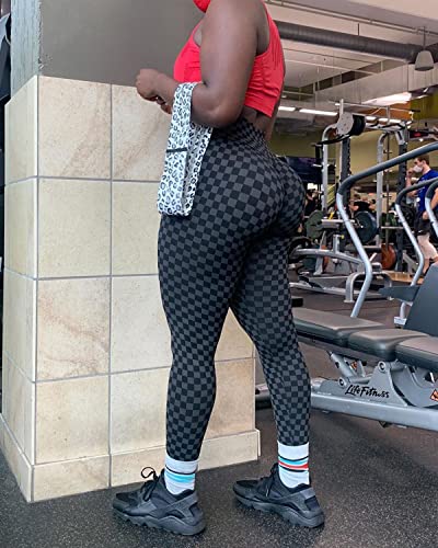 Yofit Womens Ruched Butt Lifting Checkerboard Workout Leggings High Waisted Tummy Control Yoga Pants Black&Gray Xl #TOP2