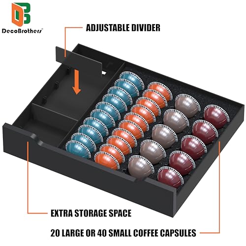 Deco Brothers Vertuoline Pod Holder Drawer with Adjustable Divider, Compatible with Nespresso 40 Small or 20 Large Capsules Coffee Bar Station, Wood Top Stand with Side Storage for Accessories, Black by Deco Brothers - Image 5