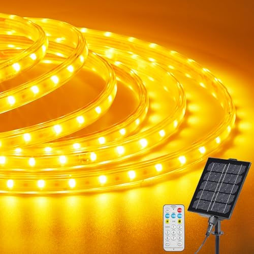 LUHLEE Solar Strip Lights 32.8FT, 600 LEDs Solar Light Strip,USB/Solar Charging, Dimmable Solar Rope Lights with Remote Control,IP65 Waterproof Solar String Lights for Patio, Deck, Balcony Decor