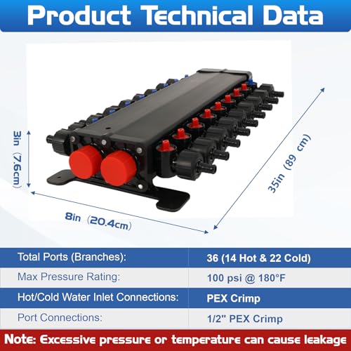 50363 Pex Manifold Compatible with Viega Manabloc, 1/2" PEX Crimp Manifold with 36 Ports (22 Cold, 14 Hot), PEX Valve Distribution Manifold for Manabloc Water Systems by noblequest - Image 2