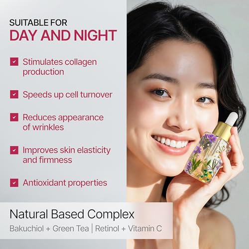 ES PrimeLine Natural Bakuchiol Face Serum with Green Tea Hyaluronic Acid Vitamin C & Retinol –Anti Aging Gentle Hydrating Serum for Face & Neck Fine Lines & Wrinkles, Smooth Radiant Skin, Gift set with Make up Bag 30ml
