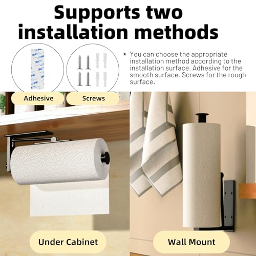 Image of Upgraded Kitchen Paper Towel Holder - One-Hand Tear Under Cabinet Stick-on Towel Rack for Hanging Paper - First Apartment Essentials Wall Mount Self Adhesive Stainless Steel Rack Fits Black