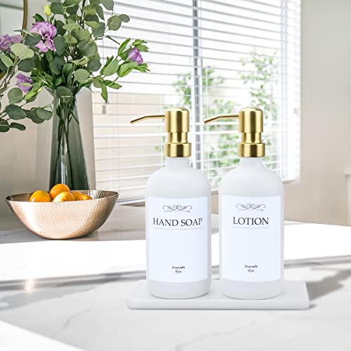 Kitchen Soap Dispenser Set With Ceramic Tray Stainless Steel Pump,16Oz Glass Dish Soap Hand Soap Dispenser Modern Soap Dispenser Bathroom Set With Waterproof Labels (White Bottles +Gold Pumps) #TOP1