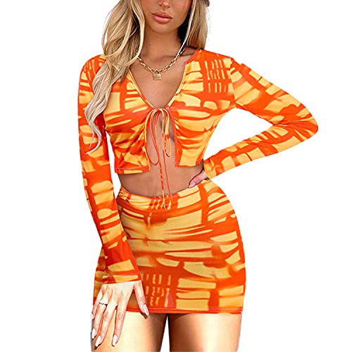 2 Piece Outfits Long Sleeve Lace Up Skirt Sets, Sexy Printed Open Front Crop Top Mini Dress Clubwear (Orange, l)