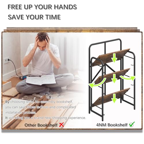 Image of 4NM No Assembly Folding Bookshelf, 3 Tiers Collapsible Book Shelves Open Industrial Foldable Storage Bookcase Shelf for Bedroom, Living Room, Home Office - Rustic Brown and Black