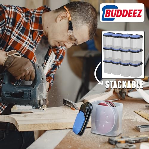 Image of Buddeez Multi-Purpose Hardware Storage Bins Bits and Bolts Small Storage Containers, Hardware Organizers, Clear Containers With Blue Stackable Lids, Bolt and Screw Organizer (1 Quart - 12 Pack)