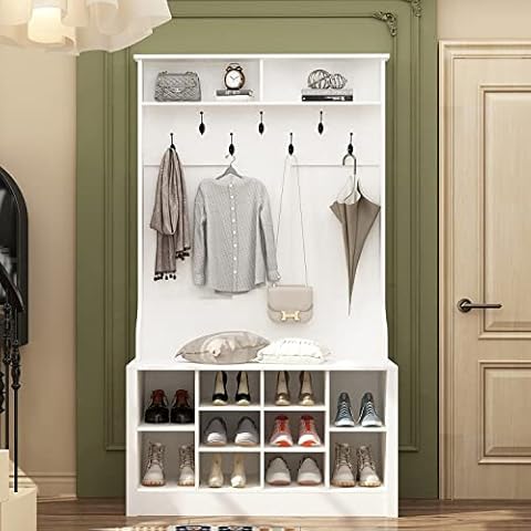 AIEGLE 3-in-1 Entryway Hall Tree with Shoe Bench and Coat Rack, with 10 Shoe Storage Cube and 7 Hanging Hooks, White (39.4" L x 15.7" W x 68.5" H) Cover